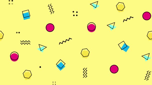 Movimento abstrato formas geométricas pontos e quadrados, fundo colorido Memphis. Estilo dinâmico elegante e luxuoso. Imagens 4k de alta qualidade - Filmagem, Vídeo