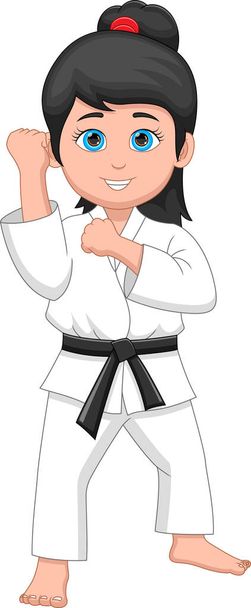 fiatal karate lány rajzfilm fehér háttér - Vektor, kép