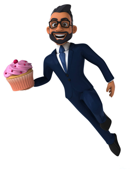 Fun 3D cartoon illustration of an indian businessman with cupcake - Φωτογραφία, εικόνα