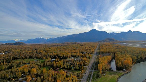 An aerial view of autumn trees near the Matanuska River against mountains in Palmer, Alaska - 写真・画像