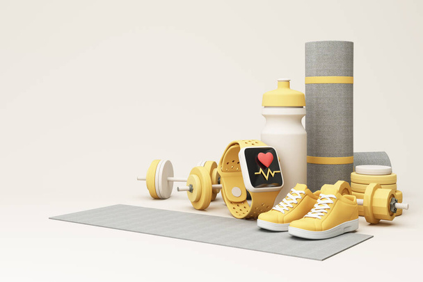3D render illustration, sport fitness equipment, male and female concept, yoga mat, bottle of water, dumbbells, weights, with Fitness shoes and pulse watches isolate on pastel background. 3d render - Photo, Image