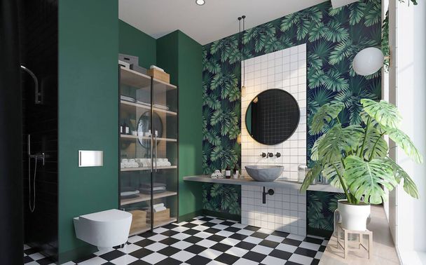 3d renderen interieur van de badkamer met witte en zwarte spiegel - Foto, afbeelding