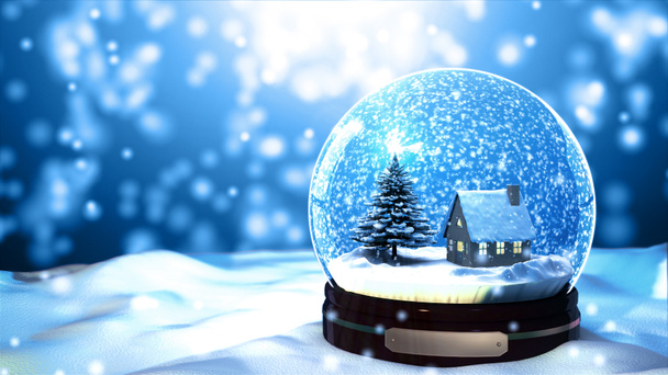 Christmas Snow globe Snowflake with Snowfall on Blue Background - Photo, Image
