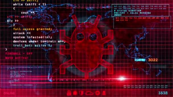Cyberaanval bericht op computerschermen. Cyberaanval, inbreuk op de beveiliging en russische hacker abstract concept 3d lus animatie met glitch effect. Naadloos en uitschuifbaar. - Video