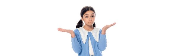 Preteen schoolgirl showing shrug gesture isolated on white , banner  - Photo, Image