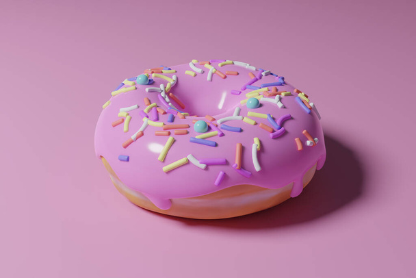 A 3D rendering of a doughnut with colorful sprinkles on a pink background - Photo, image