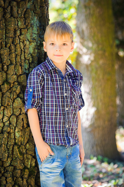 Stylish cute boy posing near a tree - Photo, Image