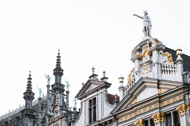 A closeup of the Rooftop statue details the buildings around La Grand Palace in Belgium - Фото, изображение