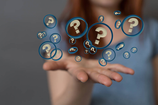 A person presenting 3D render of question mark icons - Foto, Bild