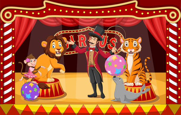 Vector illustration of Cartoon circus performers with animals and tamer on circus arena - Vector, Image