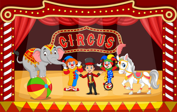 Ilustracja wektorowa wykonawców cyrku kreskówek na arenie cyrkowej z klaunami, oswojonymi i zwierzętami - Wektor, obraz