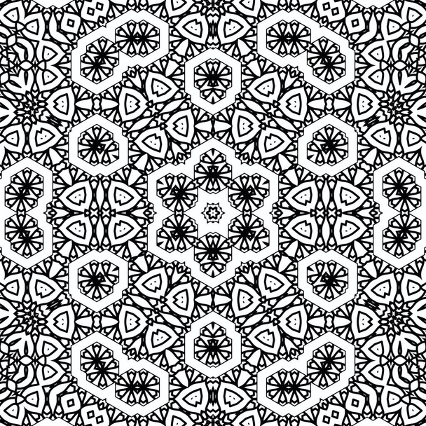 複雑な万華鏡曼荼羅。ぬり絵のため。白い背景の黒い線。概要幾何学的装飾 - 写真・画像