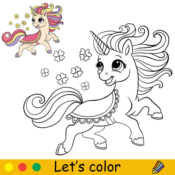 Cartone animato simpatico personaggio unicorno divertente con fiori. Libro da colorare pagina con modello colorato per bambini. Illustrazione isolata del vettore. Per libri da colorare, stampe, giochi, feste, design - Vettoriali, immagini