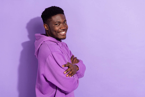 Profile photo of satisfied glad person toothy smile look camera isolated on purple color background. - Fotó, kép