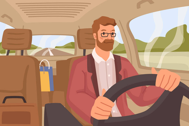 Muž řídí v autě, vážný muž jezdí sám na volantu, nákupní tašky na zadním sedadle. Výlet, dovolená nebo prázdninová destinace. Trávit víkendy cestováním. Vektorový plochý kreslený - Vektor, obrázek