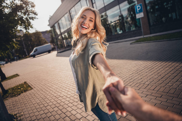 First person point view portrait of attractive blond cheerful girl good mood strolling having fun in town outdoors. - Fotoğraf, Görsel