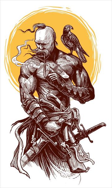 Graficzny szczegółowy ukraiński kozacki wojownik z jastrzębiem palącym fajkę i trzymającym miecz. Wektor z żółtym słońcem na tle. - Wektor, obraz