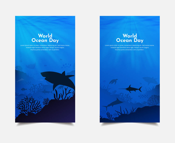 Ας σώσουμε τους ωκεανούς μας. Παγκόσμια ημέρα ωκεανών σχεδιασμό πρότυπο συλλογή ιστορίες. - Διάνυσμα, εικόνα