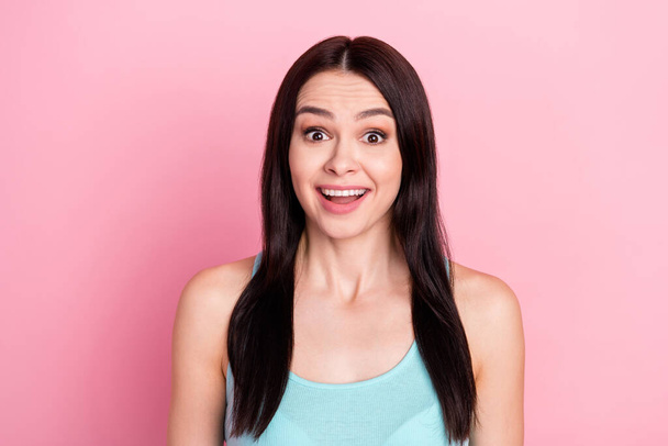 Photo of young excited girl happy positive smile amazed shocked information isolated over pastel color background. - 写真・画像
