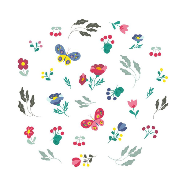 Χρωματιστές πεταλούδες και διάφορα σετ λουλουδιών, φυτά και κλαδιά. Εικονογράφηση διάνυσμα σε επίπεδο στυλ. - Διάνυσμα, εικόνα