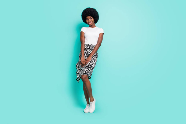 Full body photo of afro american young happy lady good mood smile isolated on pastel teal color background. - Foto, Bild