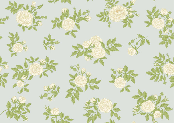Roses flowers on branches. Millefleurs trendy floral design. Seamless pattern, background. Vector illustration. On soft blue background - Διάνυσμα, εικόνα