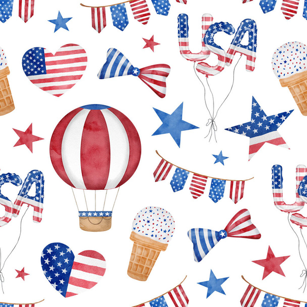 4th of July watercolor seamless pattern. Hand drawn American patriotic symbols in traditional blue and red colors. USA balloons, ice cream, ribbon bow, stars and stripes isolated on white background - Fotó, kép