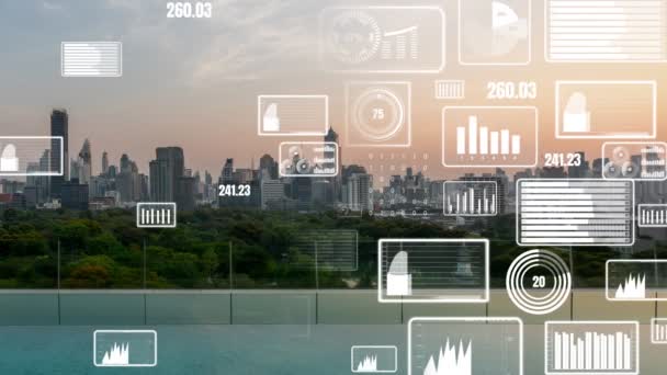 Business data analytické rozhraní létat nad chytrým městem ukazuje změnu budoucnosti obchodní inteligence. Počítačový software a umělá inteligence se používají k analýze velkých dat pro strategický plán . - Záběry, video
