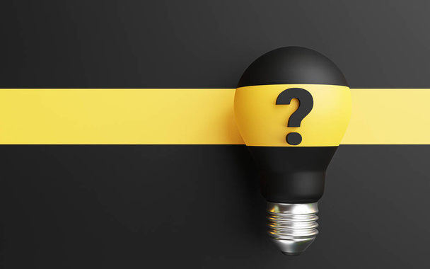 Ampoule jaune sur point d'interrogation noir et fond noir pour idée de pensée créative et solution concept de résolution de problèmes par illustration de rendu 3d. - Photo, image