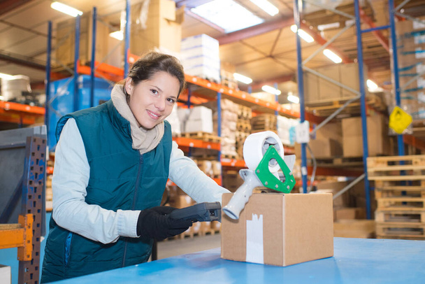 female worker wearing scanning documents in warehouse - Foto, Bild