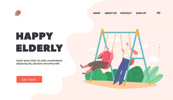 Happy Elderly Landing Page Template. Old Man and Woman Swing, Elderly Couple Characters Having Fun on Flip-Flap. Grandmother and Grandfather Summer Outdoor Activity. Cartoon People Vector Illustration - Vector, Image