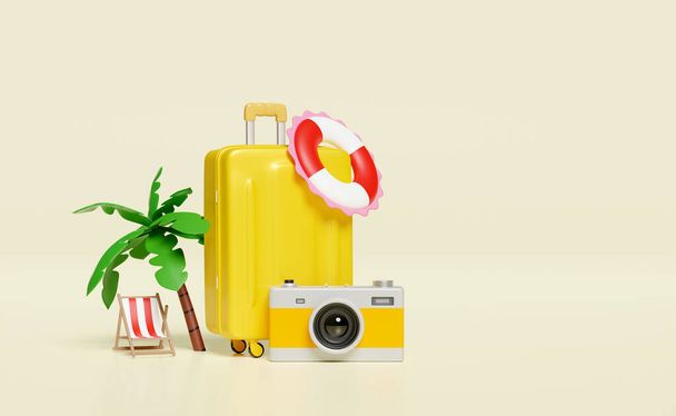 Voyage d'été 3d avec valise jaune, chaise de plage, palmier, caméra, bouée de sauvetage isolée sur fond bleu. voyage estival sur la plage, illustration de rendu 3d - Photo, image