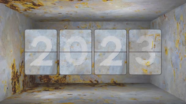 Mechanische deels roestige flip clock schakelaars van jaar 2022 tot 2023, 2024, 2025, 2026, 2027, 2028 tot 2029 in een roestige doos. Vintage apparaat steampunk flip kalender. Gelukkig Nieuwjaar! - Video