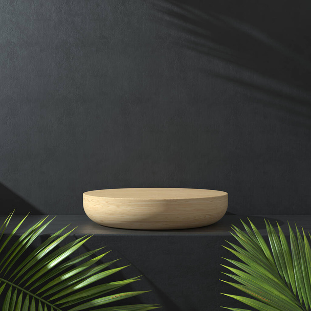 Affichage minimal de podium en bois de maquereau, mur en béton noir, arrière-plan d'illustration 3d de feuille de palmier tropical - Photo, image
