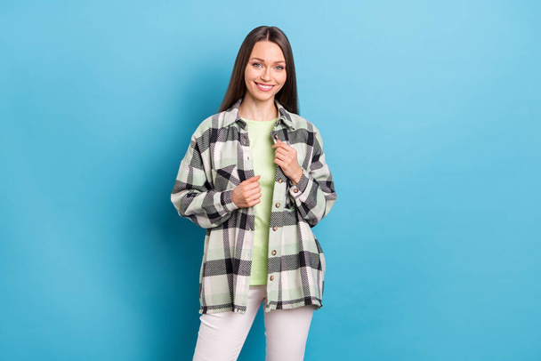 Photo of young attractive pretty girl happy positive smile wear casual outfit isolated over blue color background. - Fotografie, Obrázek