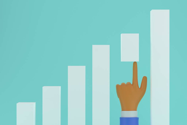 Growth chart and cartoon businessman hand. turquoise background. Business coaching concept. 3d render - 写真・画像