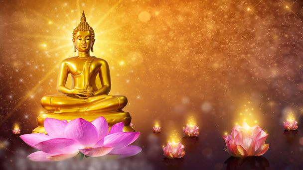 Будда статуя воды Лотос Будда стоя на цветке лотоса на оранжевом фоне - Фото, изображение