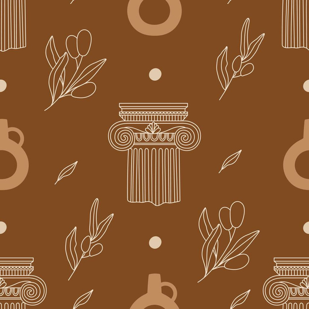Antik Yunan sütunları, amforaları, yaprakları ve soyut şekilleri olan kusursuz desenler. Paket kağıdı, ambalaj, kumaş, duvar kağıdı vs. için düzenlenebilir vektör illüstrasyonu.  - Vektör, Görsel