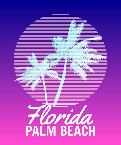 Florida Palm Beach σχέδιο t-shirt εκτύπωση ηλιοβασίλεμα. Σκιαγραφίες φοίνικα αφίσας, κλίση, δακτυλογραφία. Εικονογράφηση διανύσματος - Διάνυσμα, εικόνα