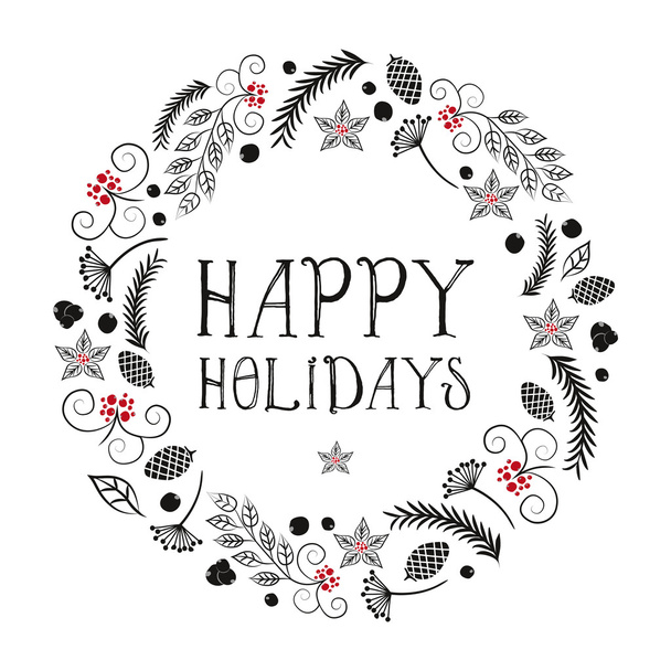 Vector Christmas with wreath made of leafs, pinecone and poinsettia. Иллюстрация и векторный дизайн. Счастливые праздники
 - Вектор,изображение