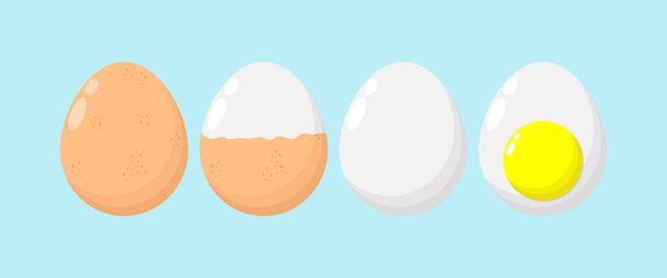 Set Of Eggs boiled eggs, half peeled, peeled, sliced, Funny cartoon Cute chicken egg , healthy food concept, icon comic character isolated on white background vector illustration flat style - Vector, Image