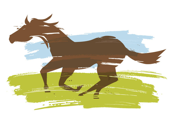 Біжить кінь на лузі. Барвиста виразна стилізована ілюстрація бігу коня на тлі штрихування пензлем. Вектор доступний
. - Вектор, зображення
