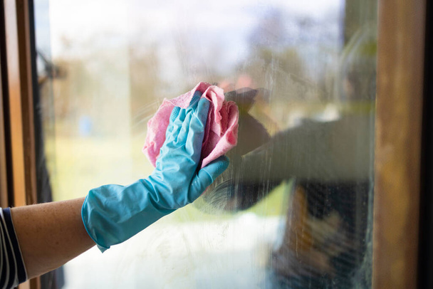 Femme mains en gants de caoutchouc bleu nettoyage fenêtre avec pulvérisateur nettoyant et chiffon rose à la maison ou au bureau, espace de copie. Personnel, travaux ménagers et entretien ménager concept.  - Photo, image