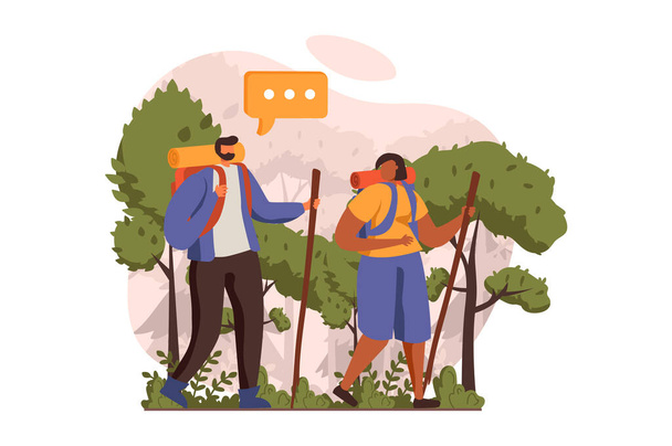 Travelling web concept in flat design. Couple with backpacks hiking in forest and goes on vacation together. Man and woman trekking route and going to travel. Vector illustration with people scene - Vector, Image