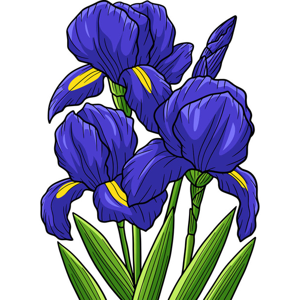 Αυτή η εικονογράφηση κινουμένων σχεδίων δείχνει μια απεικόνιση λουλουδιών ίριδας. - Διάνυσμα, εικόνα