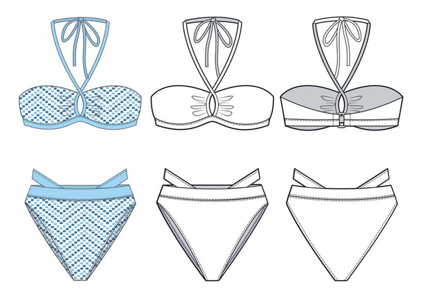 Girl 's Swimsuit mode technische tekening template. Dameszwemmode, blauw zwempak, modeconcept. - Vector, afbeelding