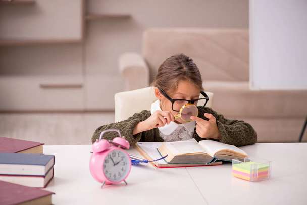 Young small girl studying at home in time management concept - Photo, Image