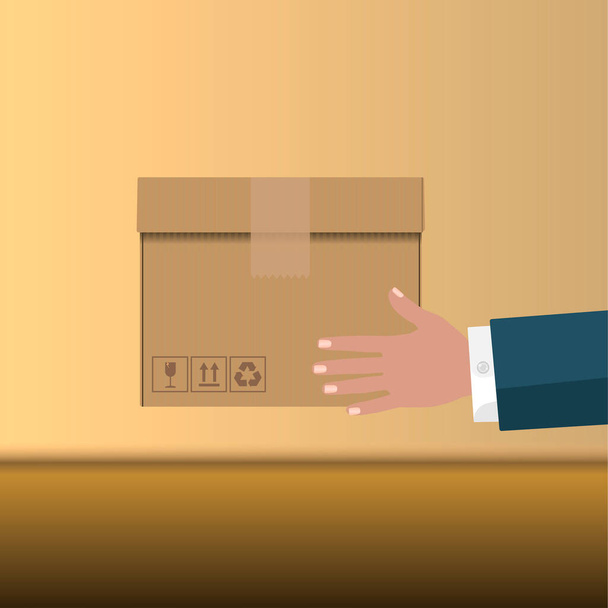 Delivery man`s hands giving cardboard package to client. Handing over parcel, fast address delivery service concept. Flat illustration on a nice brown background. - Photo, Image