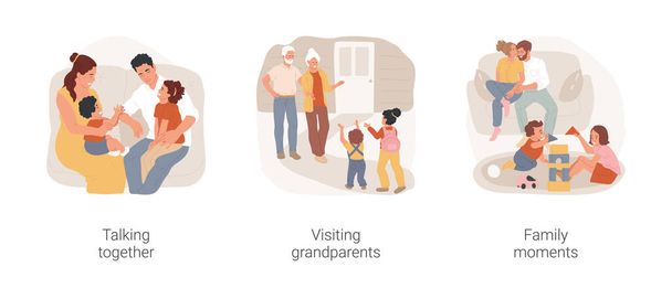 Сімейні щасливі миті ізольовані мультфільм Векторний набір ілюстрацій. Члени сім'ї спілкуються разом, сидять у вітальні, відвідують бабусь і дідусів, щасливі онуки, хороші миті векторний мультфільм
. - Вектор, зображення