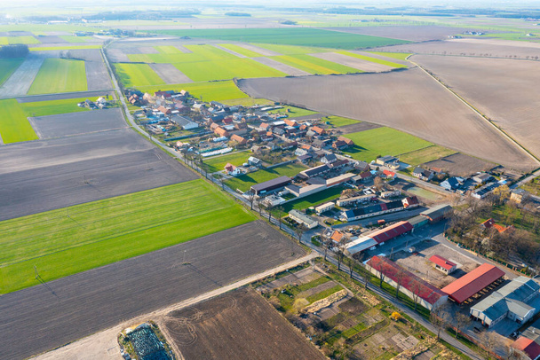Uitzicht vanuit de lucht op een klein stadje tussen groene velden, een klein dorpje, een lange straat en veel privé huizen, landschap - Foto, afbeelding